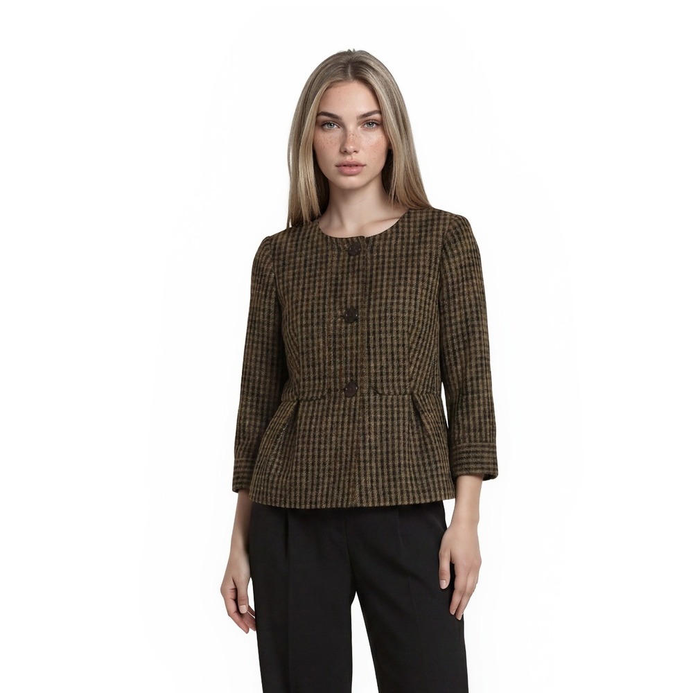 Talbots Jacket‎ Blazer Womens Size 8 Petite 8P Brown Black 100% Wool Check Lined